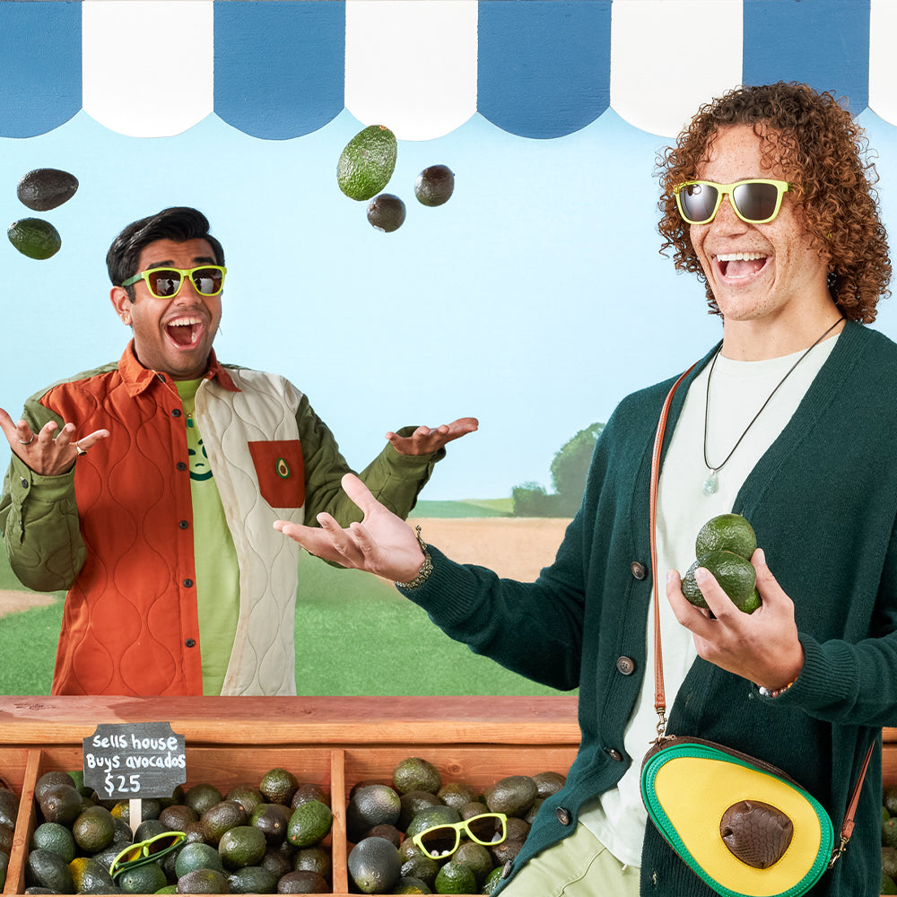 Sells house, Buys Avocados |green traditional sunglasses with brown non reflective lenses | Limited Edition Farmers Market goodr sunglasses