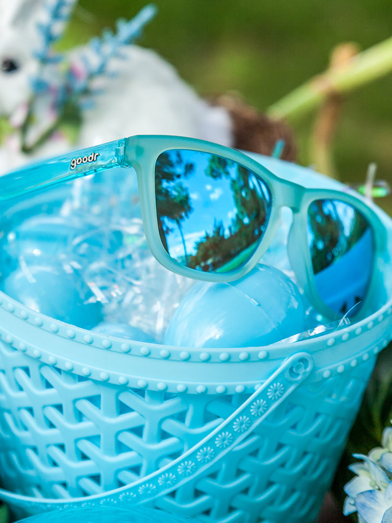 Rabbit Egg Hunt with Zombie Jesus | Baby blue sunglasses with reflective blue lens | goodr sunglasses