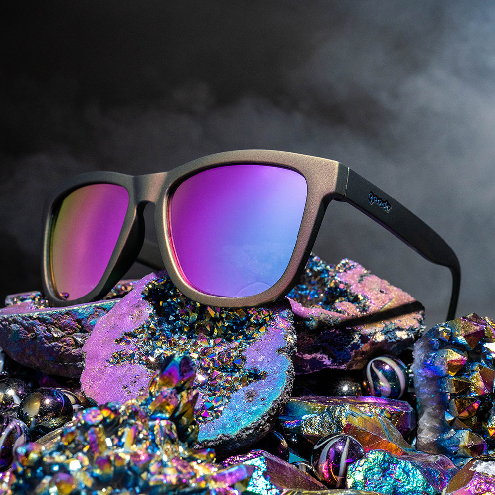 Iri-descent into Madness | iridescent classic square sunglasses with pink purple reflective lenses | goodr sunglasses